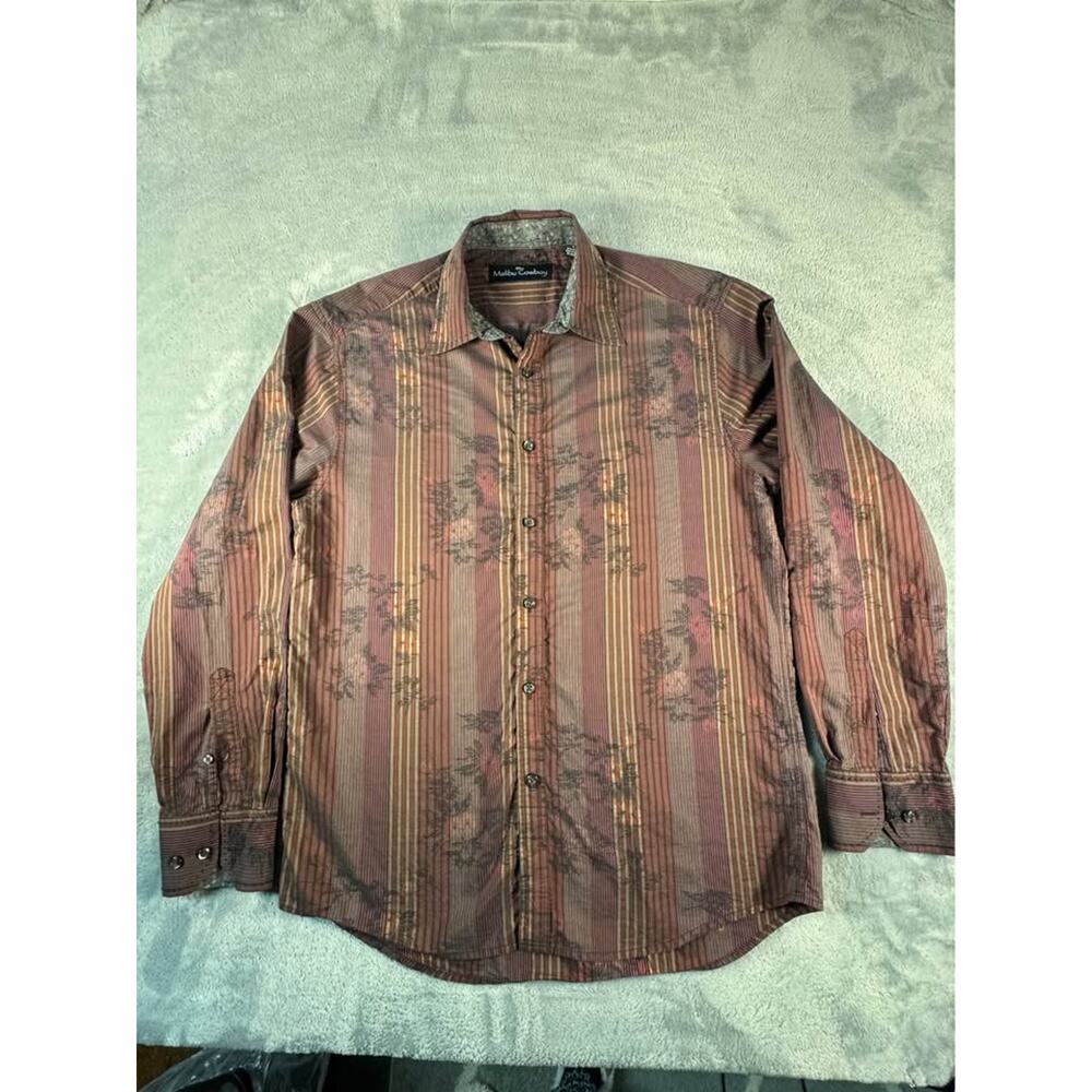 Malibu Cowboy Men’s Western Shirt Size L ￼Brown Striped Floral Button Up